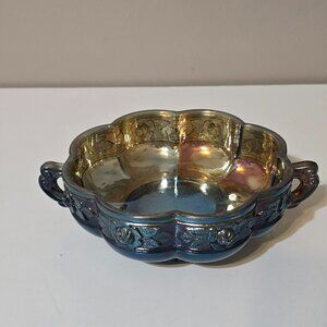 Vintage Jeanette Aztec Rose Blue Carnival Glass Double Handed Bowl